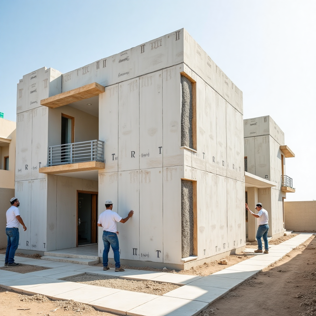 صورة لمبنى سكني في القطيف مع تركيز على مواد العزل الحراري والمائي أثناء التطبيق. يمكن أن تظهر العمال وهم يقومون بتركيب الألواح العازلة.